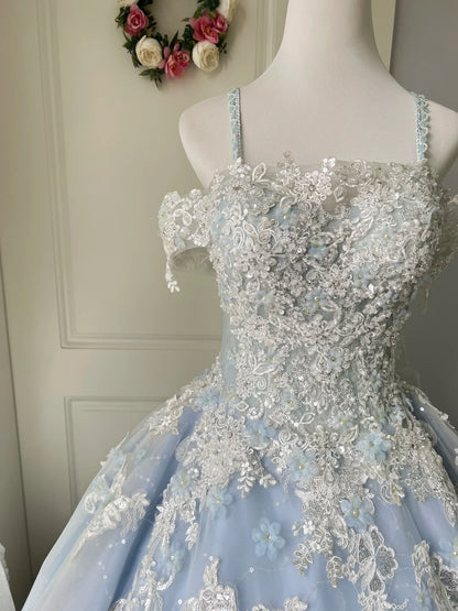 Princess Light Blue Lace Tulle Ball Gown Evening Dress Sweet 16 Dress cc5347
