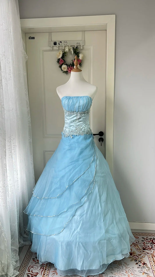 Dreamy Princess Blue Strapless Embroidered Tulle Ball Gown Evening Dress Sweet 16 Dress cc5348