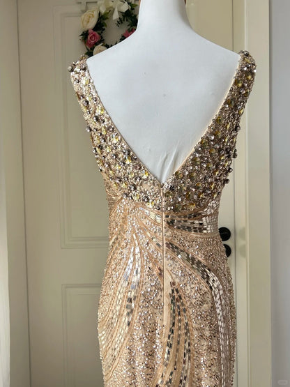 Luxurious Gold V-neck Mermaid Sequined Long Prom Dress Evening Dress cc5349
