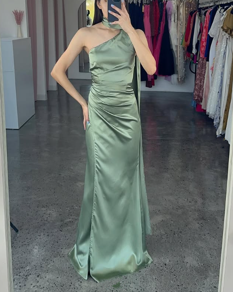 Gorgeous Hot Pink One Shoulder Satin Long Prom Dress,Mermaid Party Evening Dress cc2862