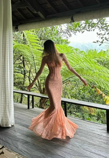 Pretty Spaghetti Straps Lace Mermaid Evening Dress Long Party Prom Dress cc1747
