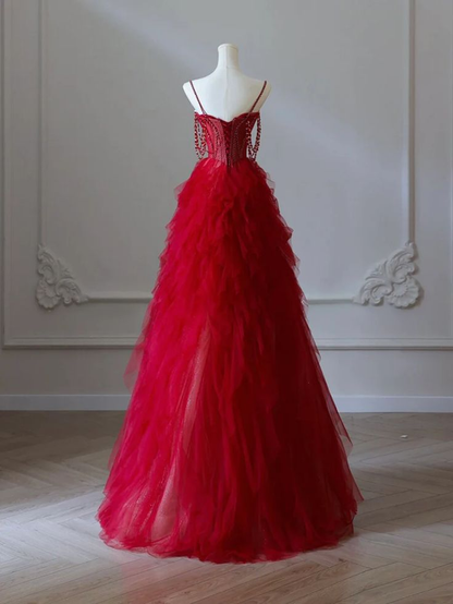 Charming Burgundy Sweetheart Neck Tulle Beads Long Prom Dress A Line Party Evening Gown cc1740