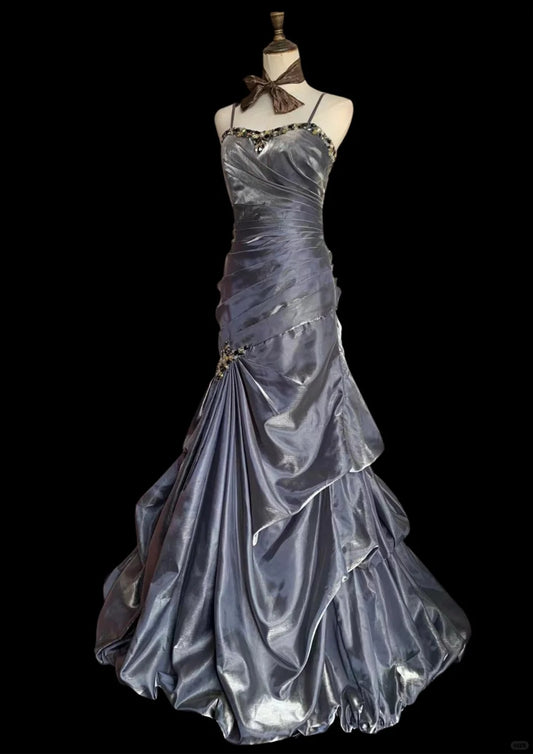 Vintage Grey Mermaid Spaghetti Strap Satin Train Prom Dress Evening Dress cc5357