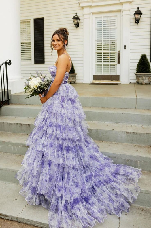 Sweet Ball Gown Straps Lavender Floral Printed Tulle Long Prom Dress cc1609