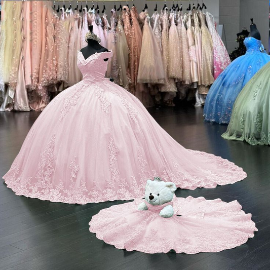 Off Shoulder Pink Sweet 16 Quinceanera Dresses Lace Birthday Ball Gown  cc1118