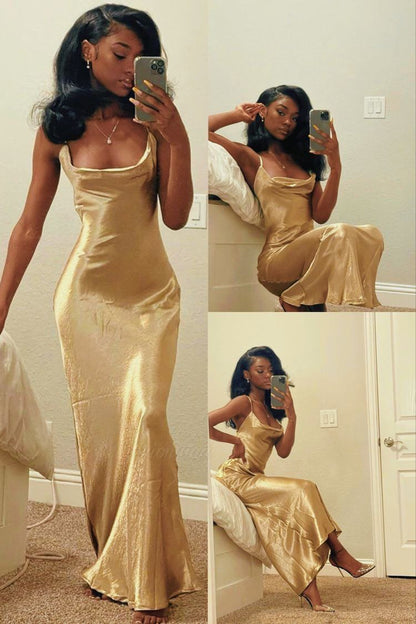 Mermaid Spaghetti Straps Long Prom Dress Gold Charming Evening Dress Black Girls Prom Dress cc401