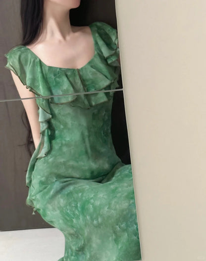Elegant Dark Green Mermaid Ruffled Chiffon Long Prom Dress Evening Dress cc5273