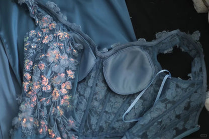 Gorgeous Blue Off-Shoulder Sequined 3D Floral Satin Long Prom Dress Evening Dress cc5358