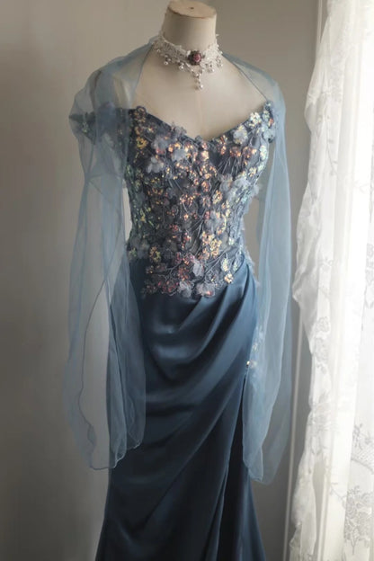 Gorgeous Blue Off-Shoulder Sequined 3D Floral Satin Long Prom Dress Evening Dress cc5358