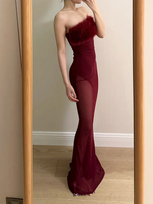 Sexy Burgundy Mermaid Strapless Mesh Long Prom Dress Evening Dress cc5363