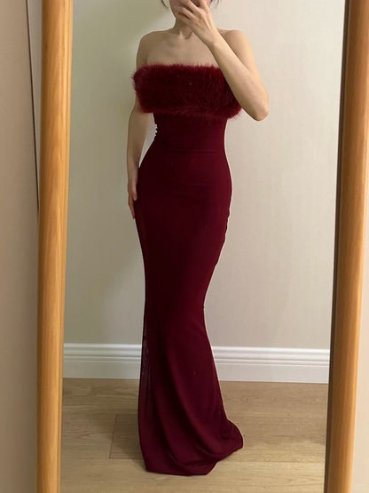 Sexy Burgundy Mermaid Strapless Mesh Long Prom Dress Evening Dress cc5363