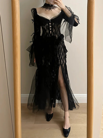 Dark Vintage Black Long Sleeve High-Slit Lace Tulle Prom Dress Evening Dress cc5364