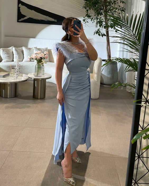 Women Sky Blue Feather Strap Sleeveless Evening Dress cc596