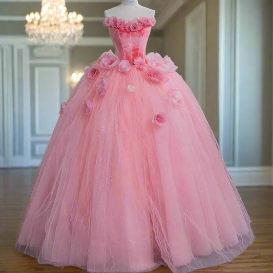 Pink Princess Ball Gown  Sweet 16 Dress Fairy 3D Flowers Tulle Prom Dress Quinceanera Dress cc1637