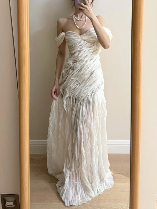 Elegant Ivory Pleated Satin Long Prom Dress Evening Dress cc5371