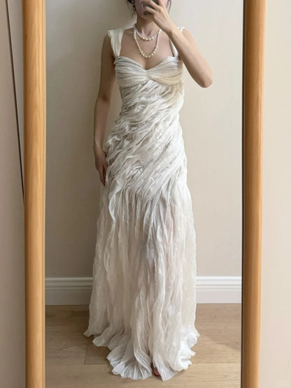 Elegant Ivory Pleated Satin Long Prom Dress Evening Dress cc5371