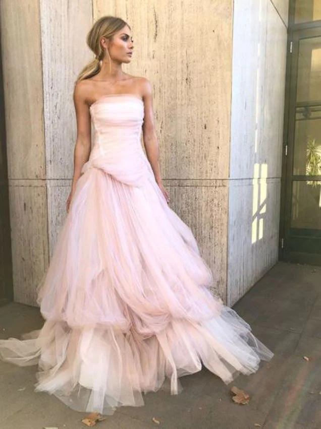 Light Pink Tulle Long Prom Dress Elegant Ball Gown cc1614