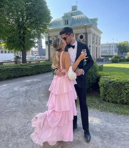 Women's Pink A-line Tiered Prom Dress,Pink Backless Evening Dress cc1207
