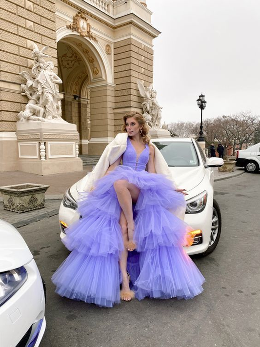 High Low V Neck Purple Tulle Long Prom Dress with Belt cc1147