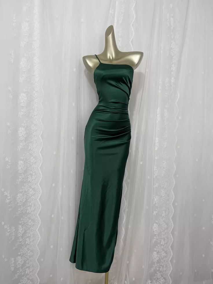 Vintage Green Spaghetti Straps Prom Dress Satin Sheath Party Dress Evening Gown cc1467