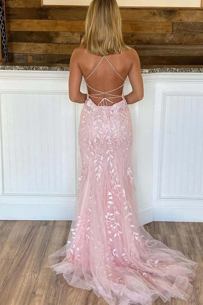 Pink Mermaid Lace Tulle Prom Dress Lace-up Back Evening Dress cc503