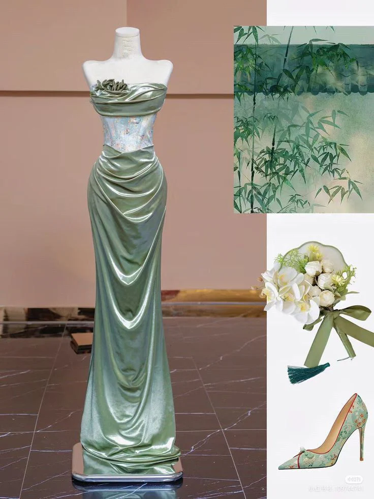 Elegant Light Green Satin Long Prom Dress Strapless Party Evening Dress cc2441
