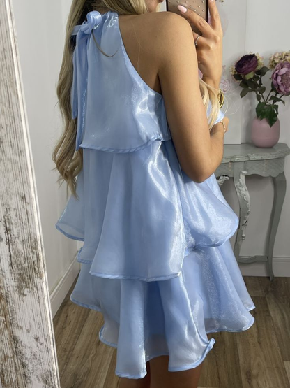 Sexy Halter Blue Organza Layered Homecoming Dress A Line Cocktail Dress cc2556