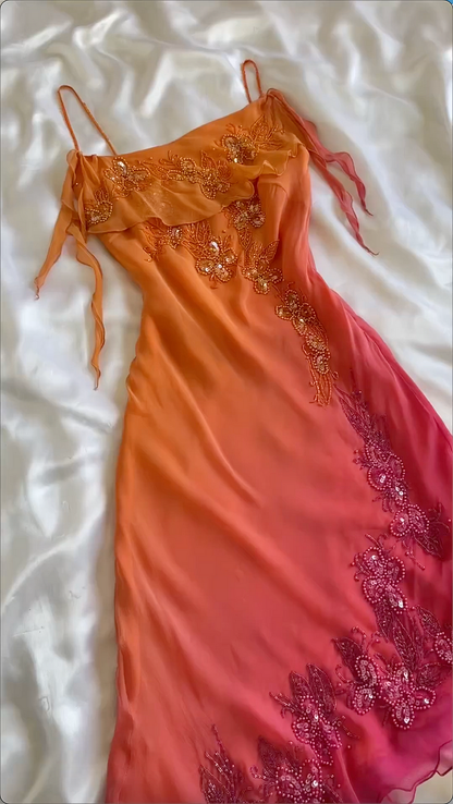 Pretty Spaghetti Straps Chiffon Beaded Mermaid Party Evening Dress cc2757