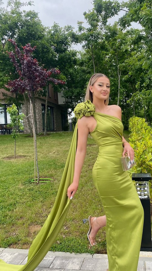 Chic Olive Green Satin Flowers Party Dress Sheath Long Prom Evening Gown cc2418
