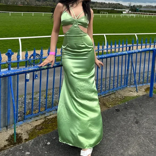 Simple Green Satin Long Party Dress Evening Dress cc2958