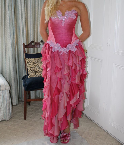 Unique Pink Strapless Appliques Prom Dress,Chiffon Side Slit Ruffles Party Evening Dress cc2683