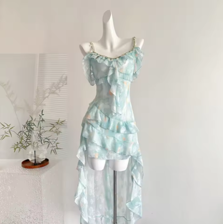 Simple Chiffon Blue Ruffle Party Dress Prom Gown cc3006