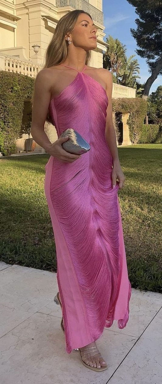 Classy Hot Pink Halter Satin Backless Prom Evening Dress,Slit Party Gown cc2916