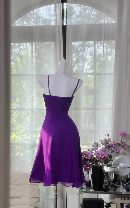 Beautiful Purple Spaghetti Straps Chiffon A Line Homecoming Dress Short Prom Dress cc3455