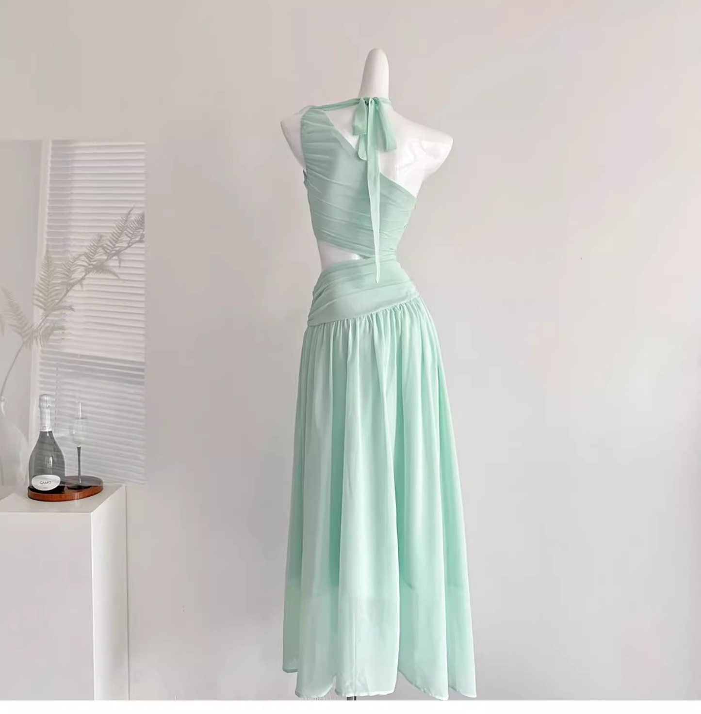 Sexy Mint Green One Shoulder Chiffon Vacation Dress Birthday Dress cc3053