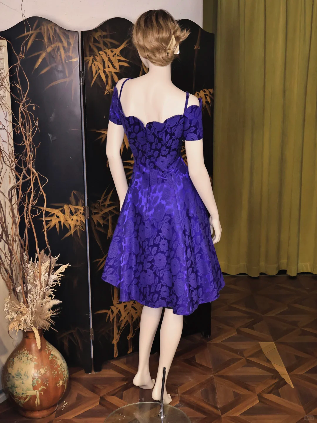 Vintage Purple Satin Floral Print A Line Homecoming Dress Off Shoulder Short Birthday Outfits cc3328