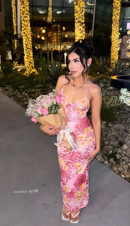 Glamorous Pink Satin Print Sheath Prom Dress,Spaghetti Strap Party Evening Gown cc2892