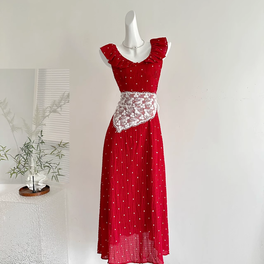 French Retro Temperament V-neck Small Flying Sleeve Red Dress Vacation Dress cc3066