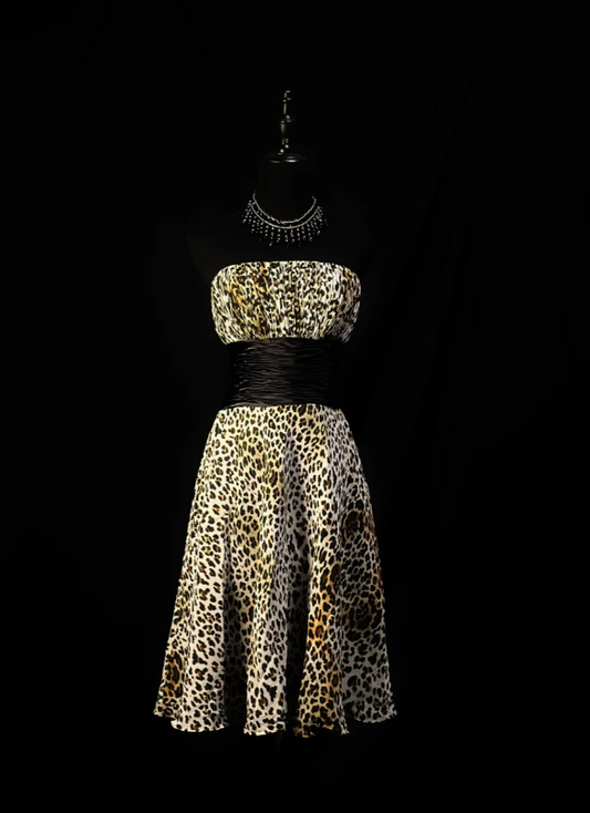 Vintage Leopard Chiffon Strapless A Line Cocktail Dress Homecoming Dress cc3120