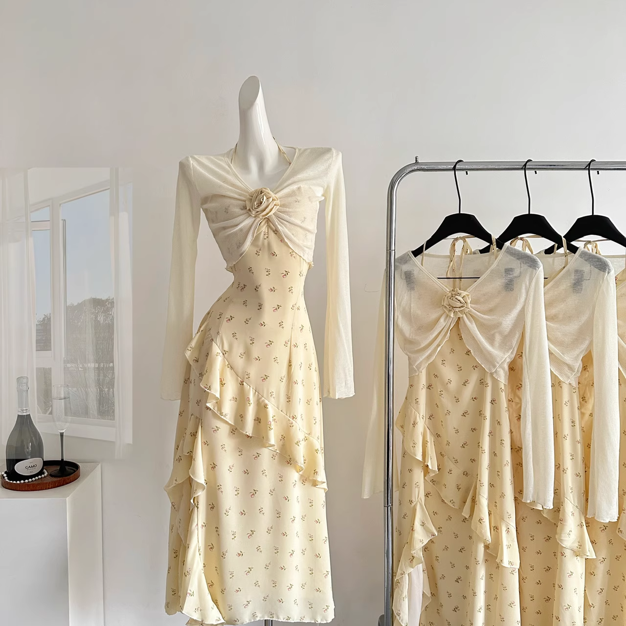 Sweet Slit Irregular Yellow Floral Vacation Dress Two-Piece  cc3059