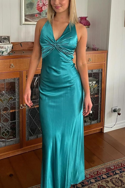 Vintage Olive Green V Neck Satin Long Prom Dress Evening Dress cc2718