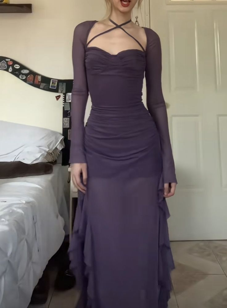 Sexy Halter Chiffon Ruffles Evening Gown Long Prom Dress cc2182