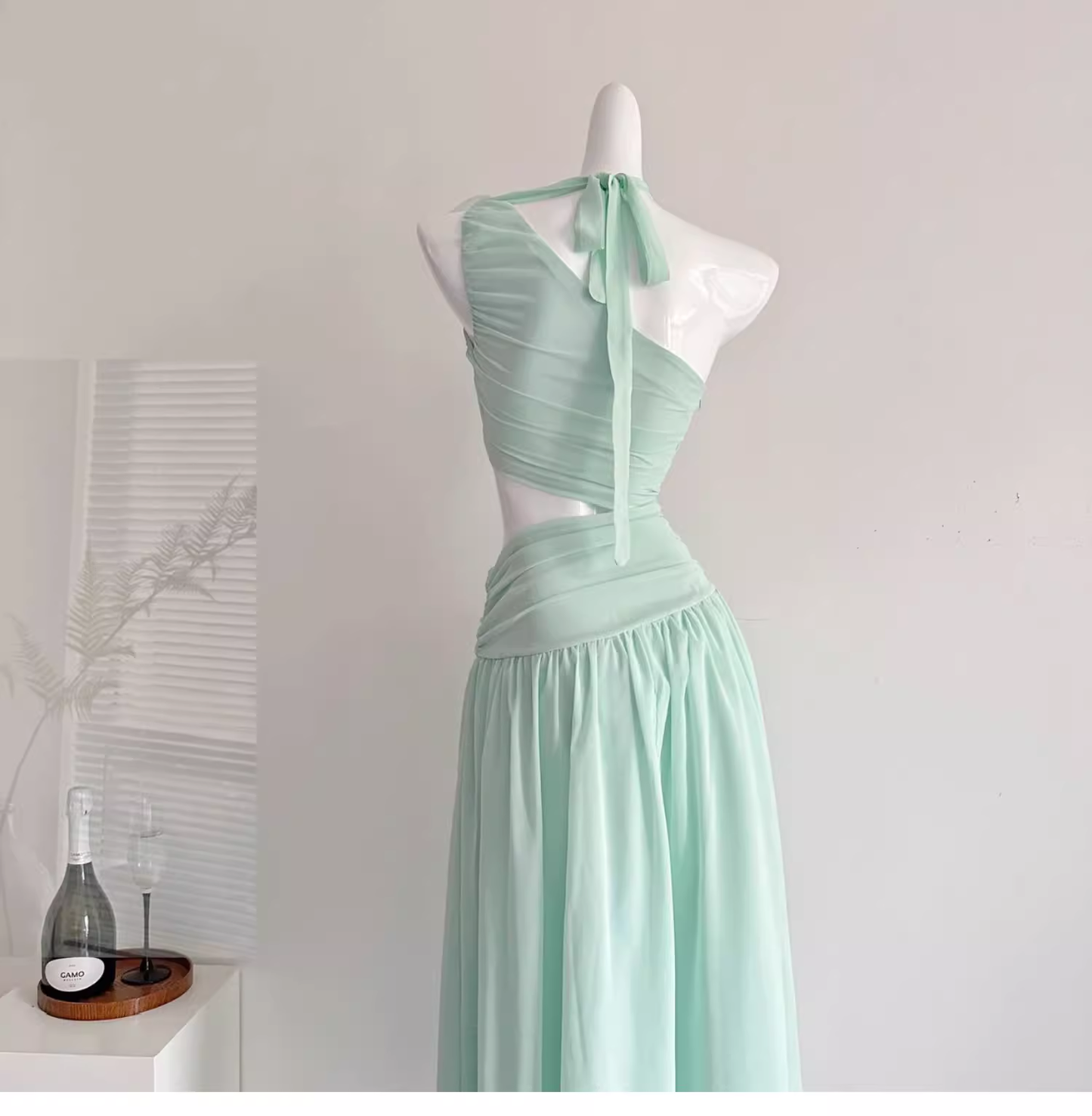 Sexy Mint Green One Shoulder Chiffon Vacation Dress Birthday Dress cc3053