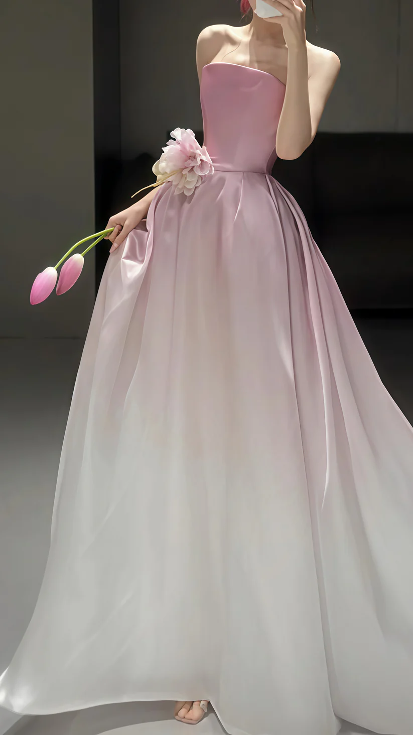 Fairy Ombre Pink Strapless Party Evening Dress,Formal Prom Dress With Flowers cc2238