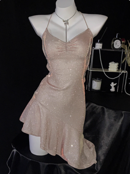 Simple Pink Spaghetti Straps Ruffles Short Homecoming Dress Cocktail Dress cc3280