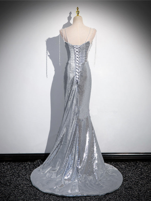 Charming Silver Mermaid Sequins Spaghetti Straps Pleated Prom Dress Long Party Dress  cc1556