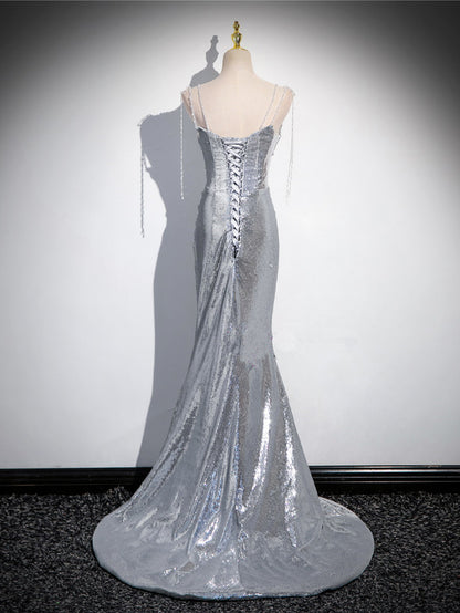 Charming Silver Mermaid Sequins Spaghetti Straps Pleated Prom Dress Long Party Dress  cc1556