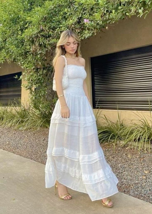 Elegant White Strapless Long A Line Prom Dress Layered Evening Party Dress cc1474