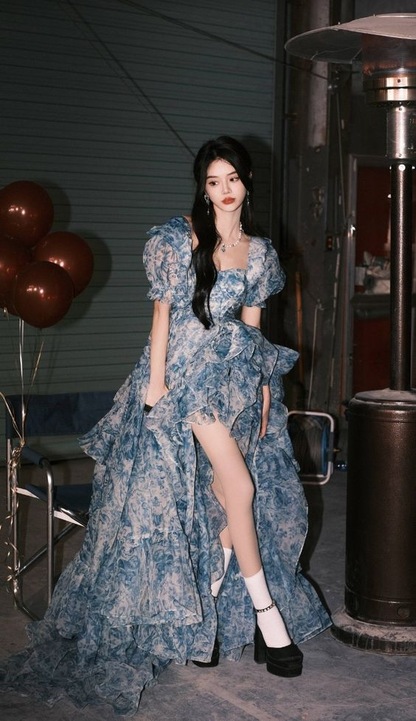 Beautiful High Low Blue Chiffon Floral Prom Dress Fairy Long Evening Dress cc1644
