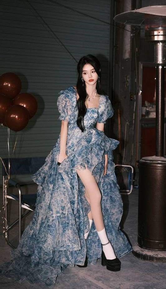 Beautiful High Low Blue Chiffon Floral Prom Dress Fairy Long Evening Dress cc1644
